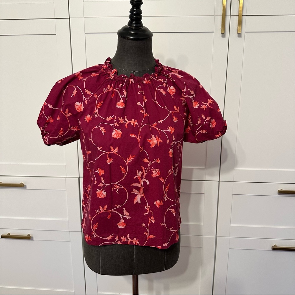 Hill House Home Kit cotton top in burgundy botanical print size small